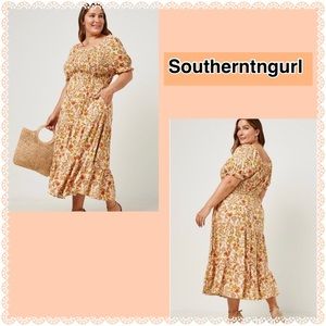 NWT HAYDEN Floral Smocked On or Off Shoulder Short Sleeve Midi Dress